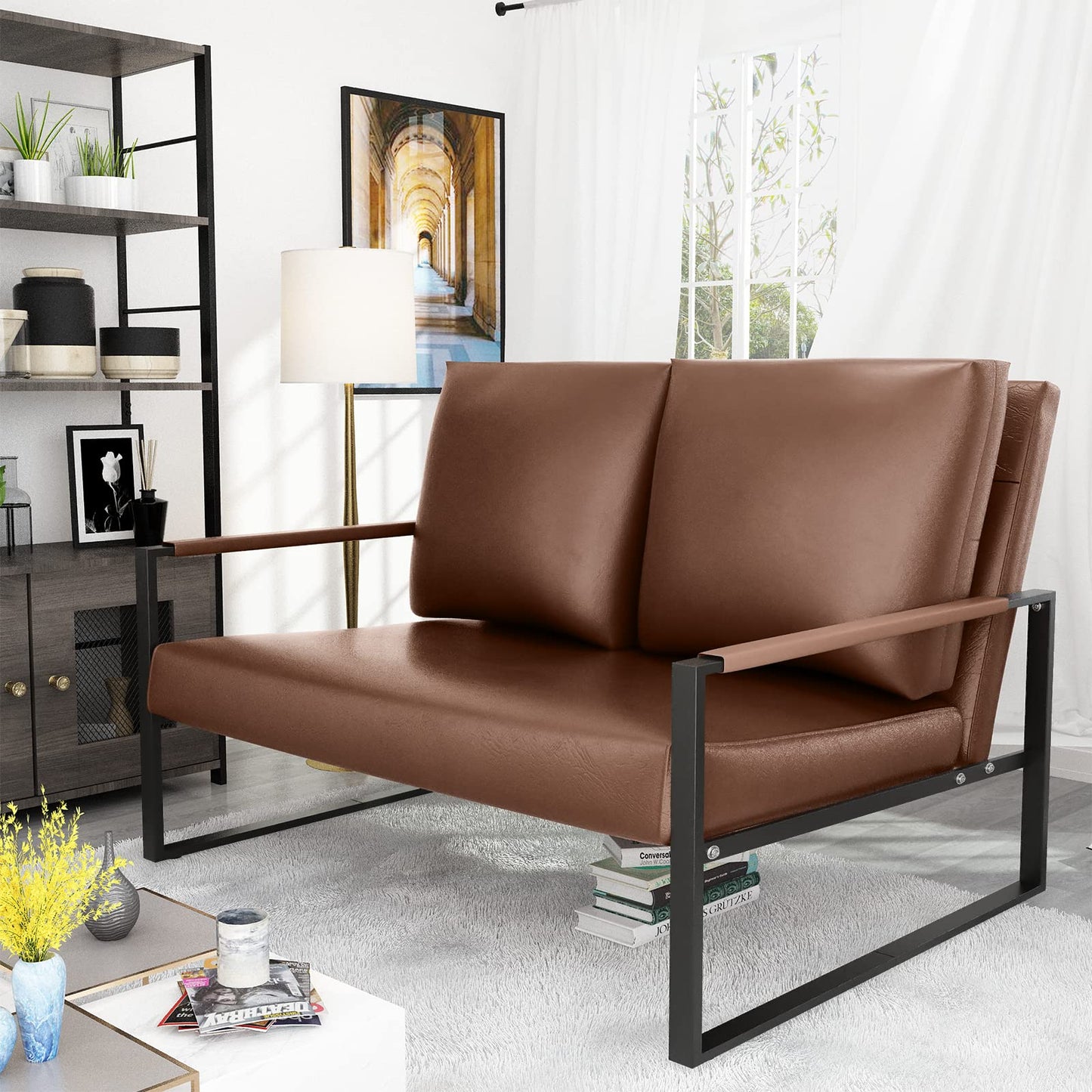 AWQM Mid-Century Modern Sectional Sofa, Upholstered Faux Leather Loveseat