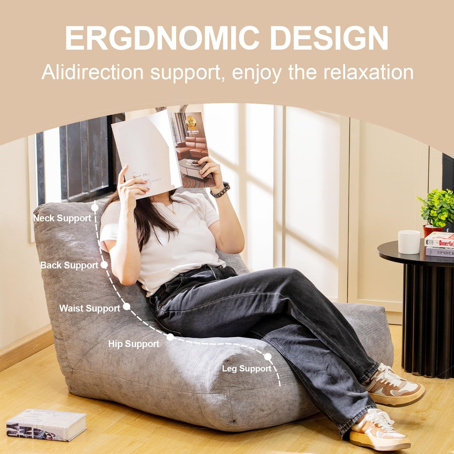 AWQM Adult bean bag chair with ergonomic support reading floor sofa chair.