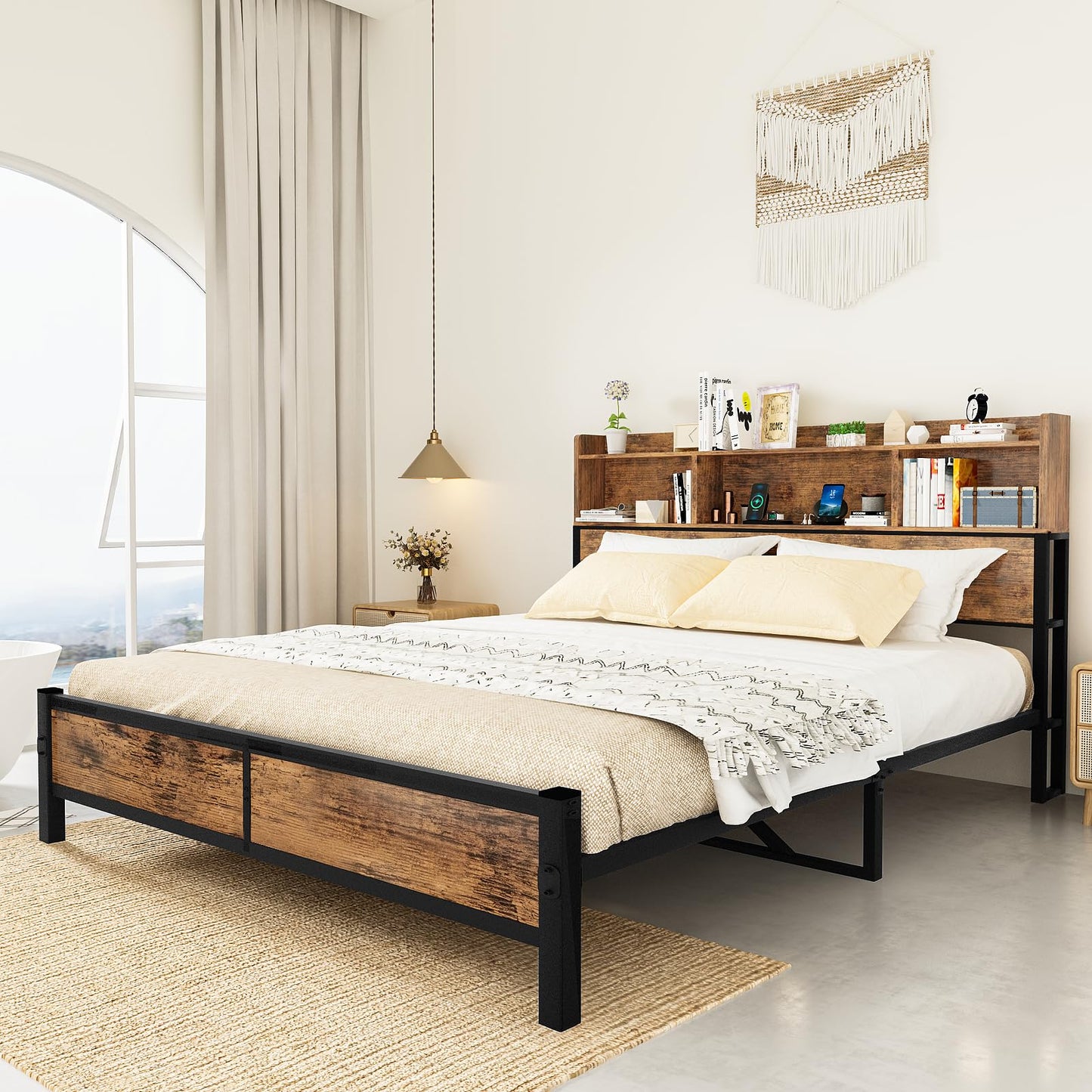 AWQM Industrial Solid Wood Queen Size Bed Frame with Charger