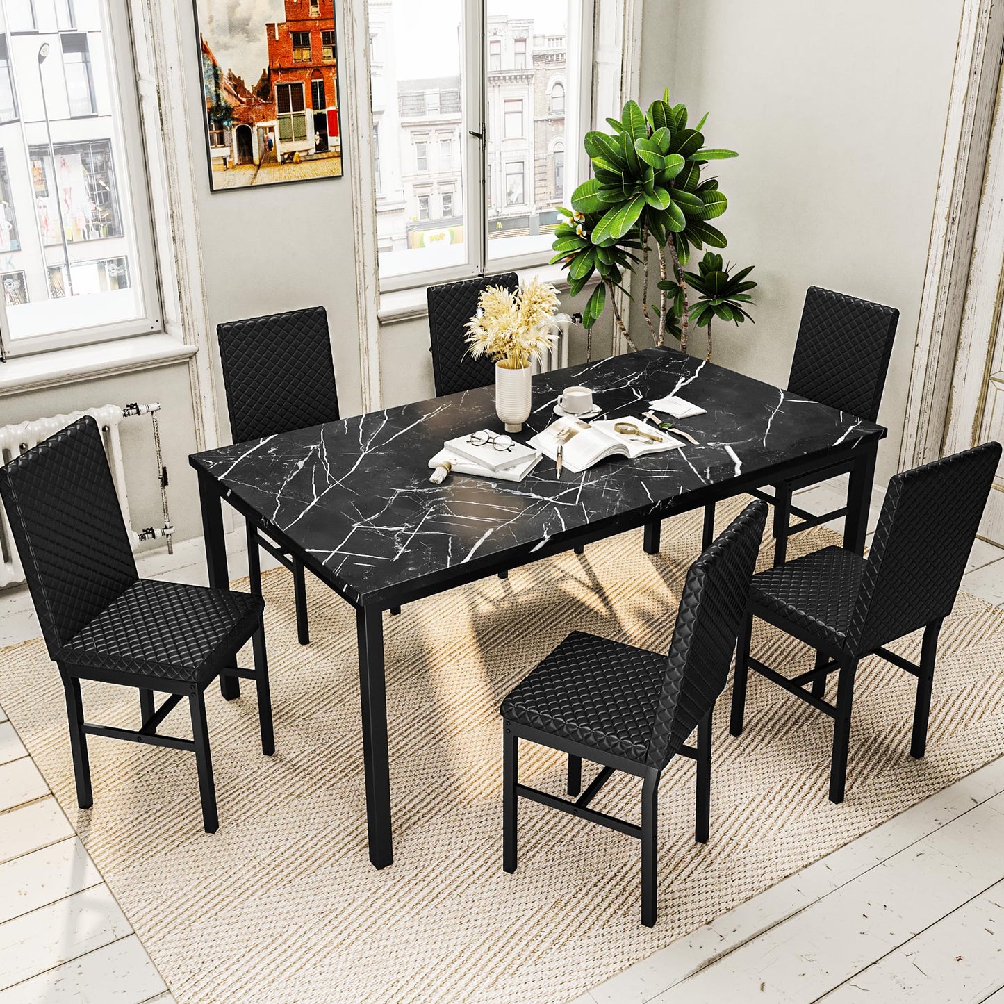 AWQM Modern Marble Kitchen Dining Table and Chairs 6 Person Dining Velvet Stools
