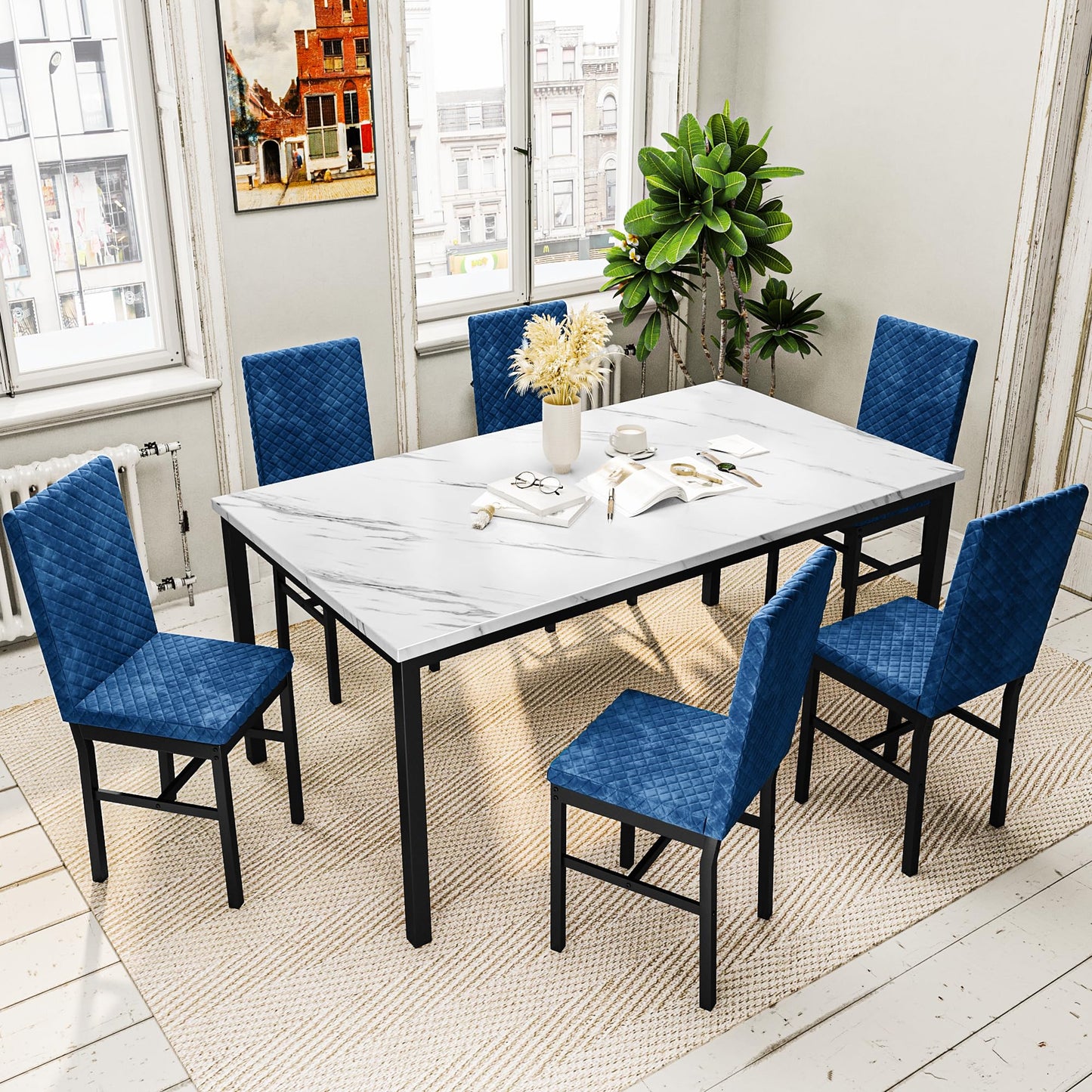 AWQM Modern Marble Kitchen Dining Table and Chairs 6 Person Dining Velvet Stools