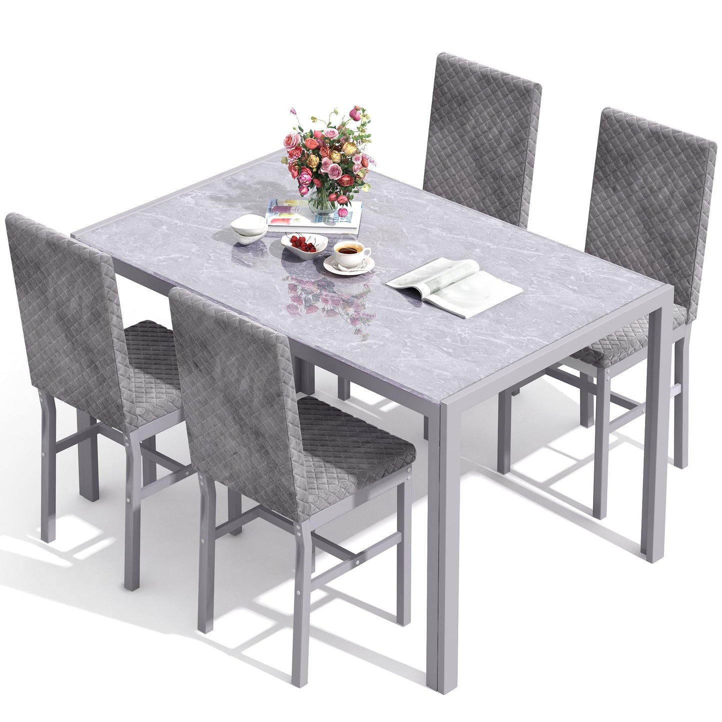 AWQM Glass Dining Table and Velvet Dining Chairs 4-Person Dining Table Set