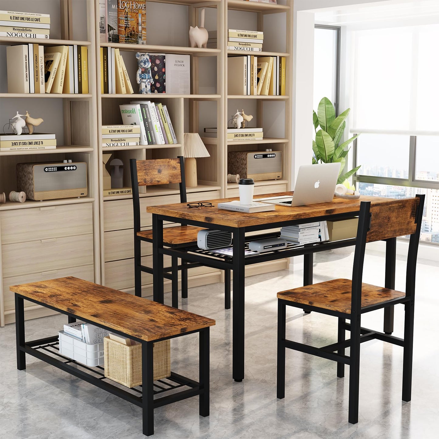 AWQM industrial wooden 4-piece kitchen dining table set for 4 people