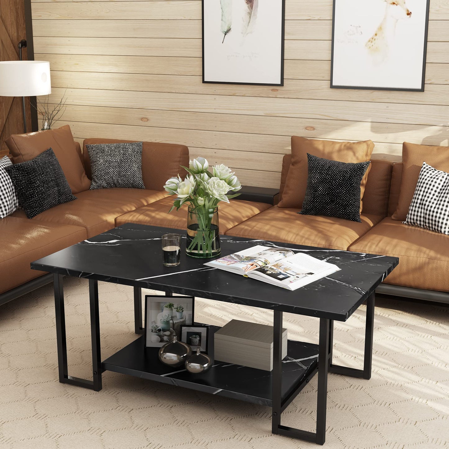 AWQM Marble Coffee Table, Faux Marble Top Rectangular Coffee Table