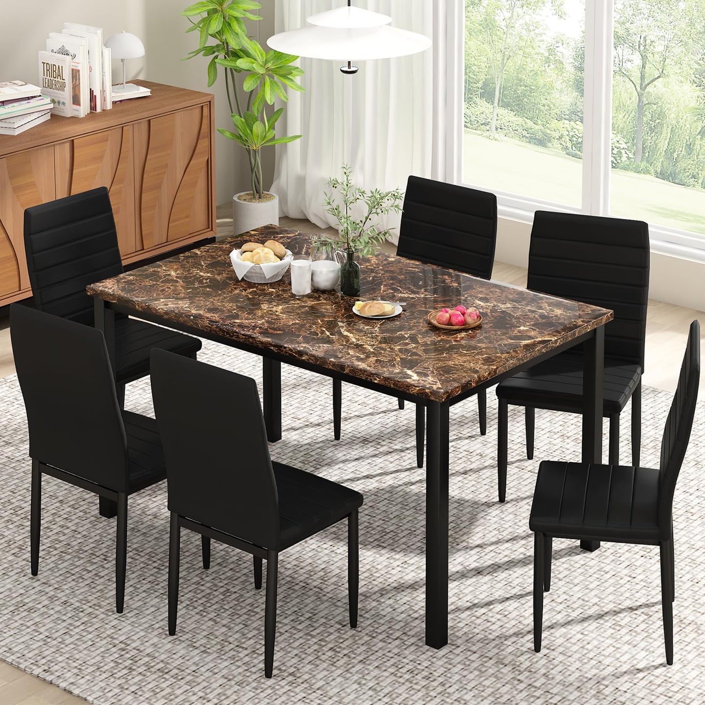 AWQM  Artificial Marble Dining Table Set 6-Person Dining Table Set