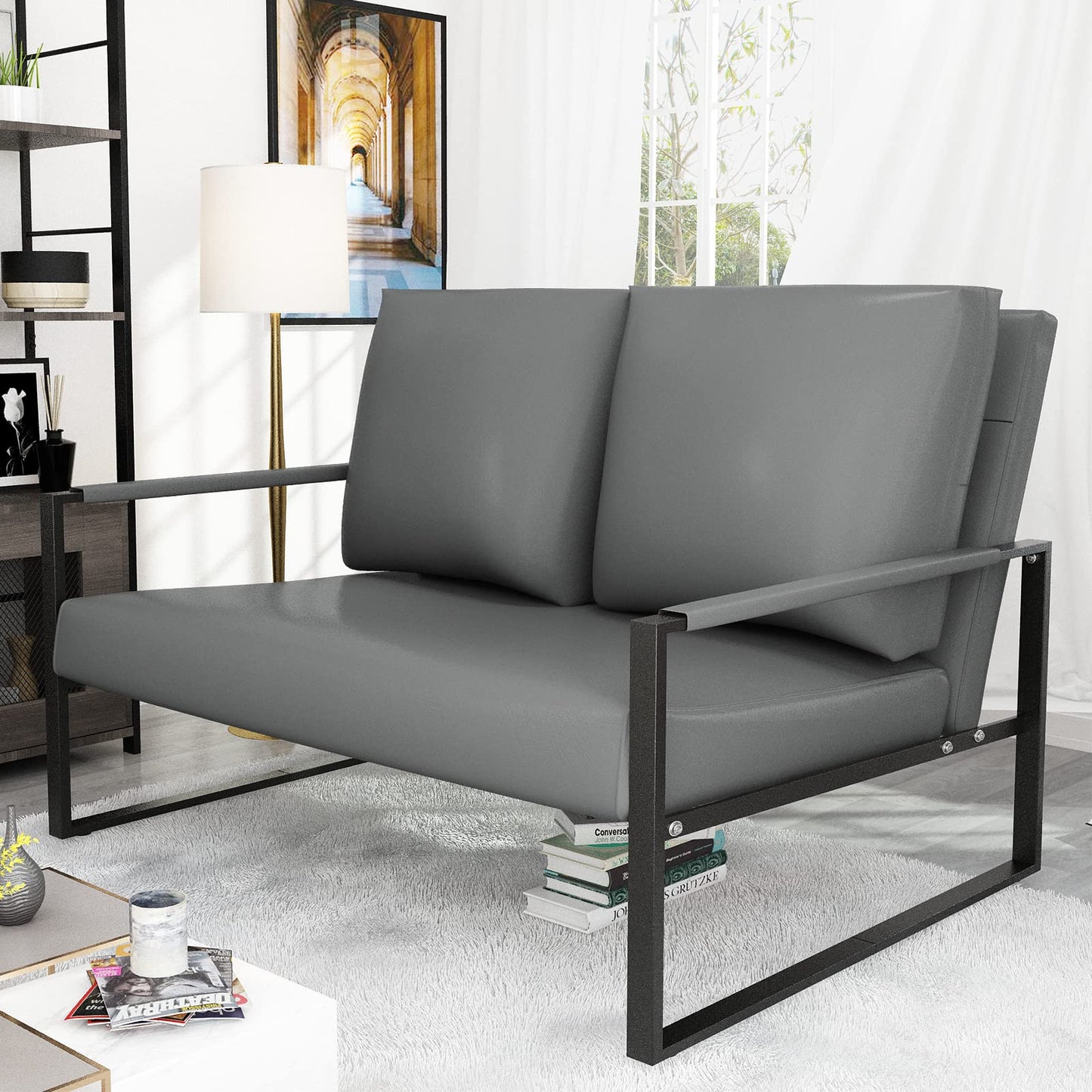 AWQM Mid-Century Modern Sectional Sofa, Upholstered Faux Leather Loveseat