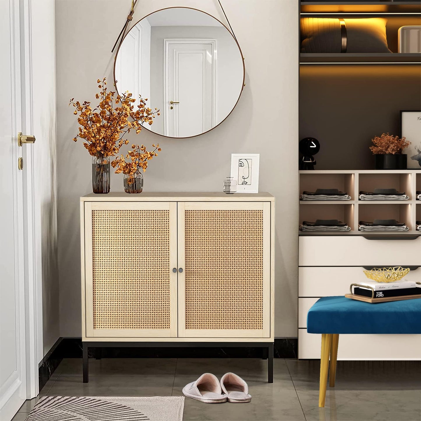 AWQM Storage Sideboard Natural Rattan Door Storage Cabinet(1PCS)