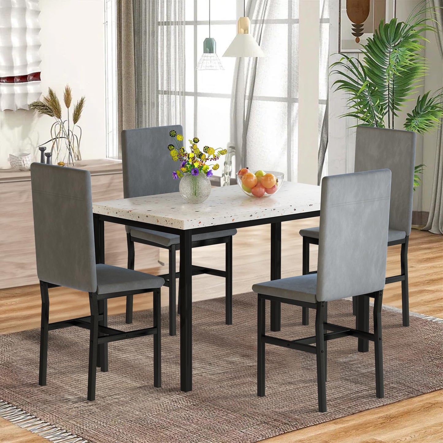 AWQM Modern Style Faux Marble Velvet Chairs Dining Table for 4