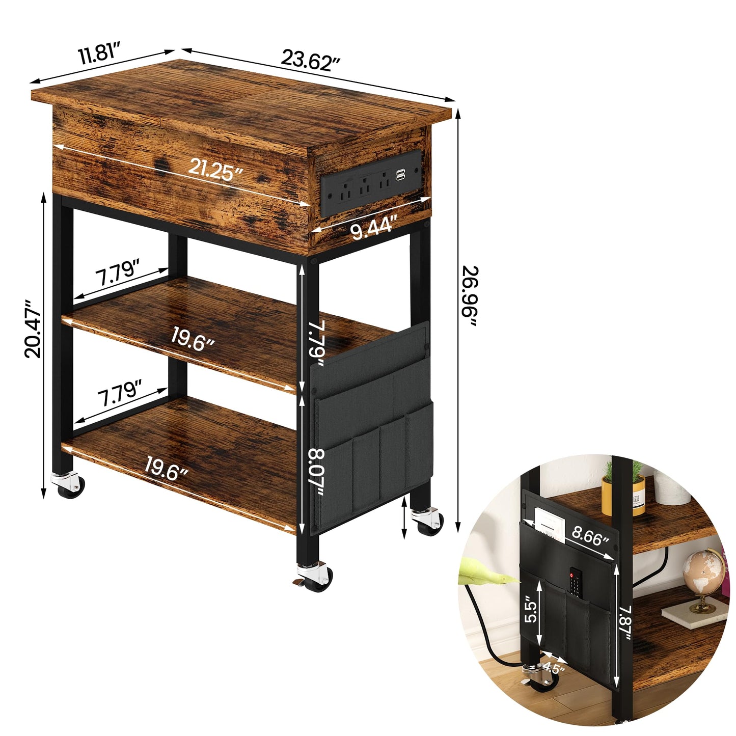 AWQM  Side table with charging column 2 PCS Flip-top side table