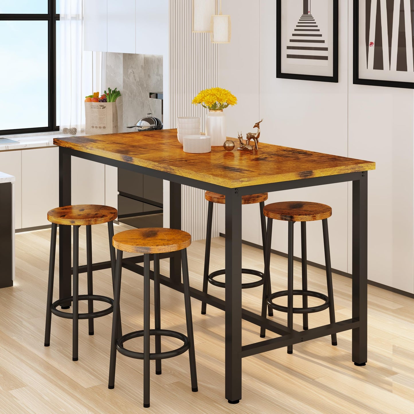 AWQM Small Industrial Wooden Dining Table Set for 4