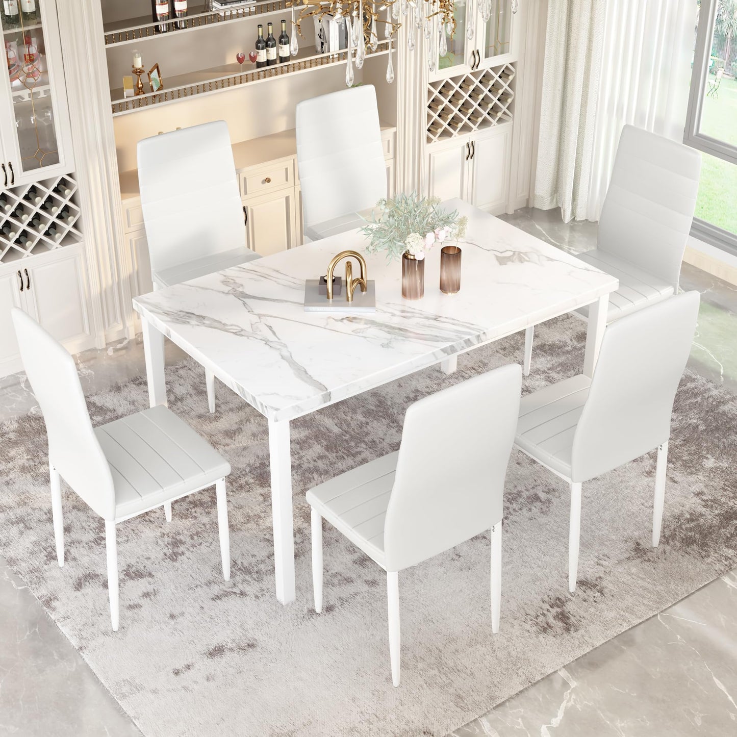 AWQM Modern Marble Dining Table Set for 6 7 Piece Kitchen Table and Chairs