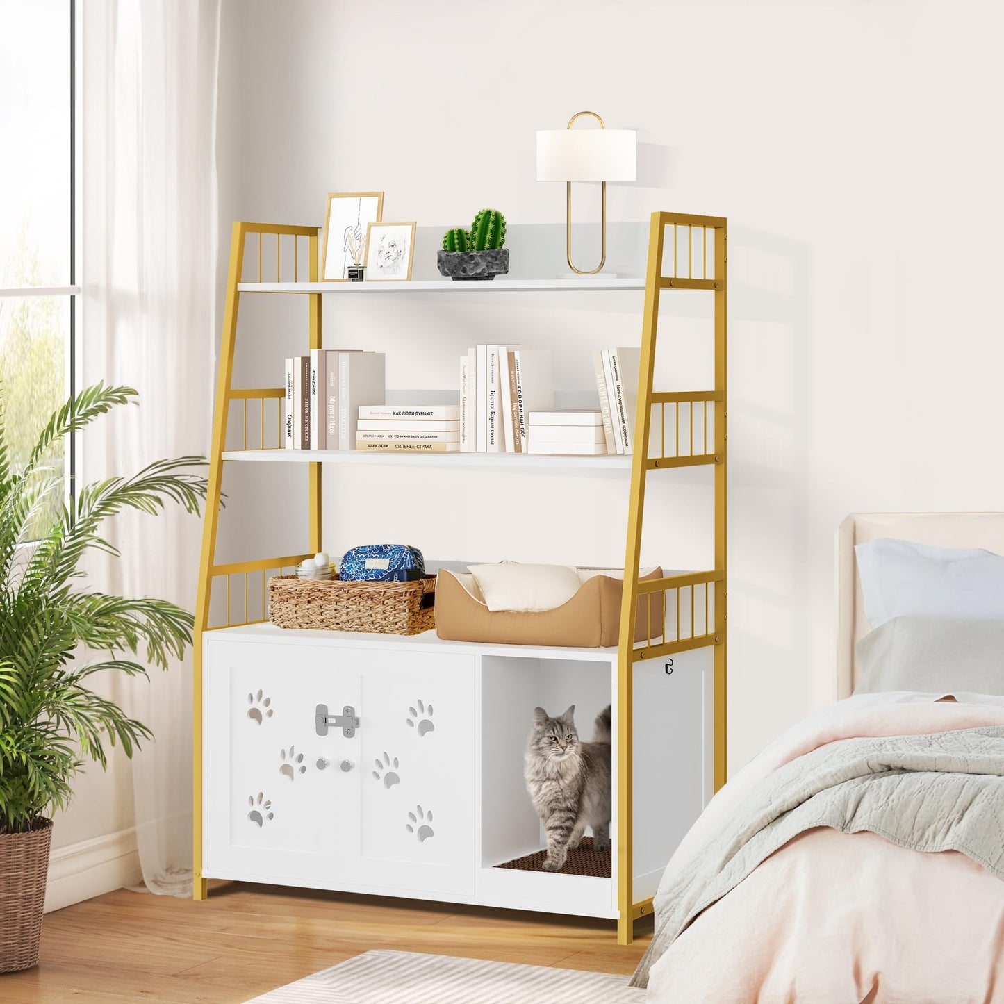 AWQM Large Wooden Cat Litter Box with Hooks and Anti-Scratch Hooks