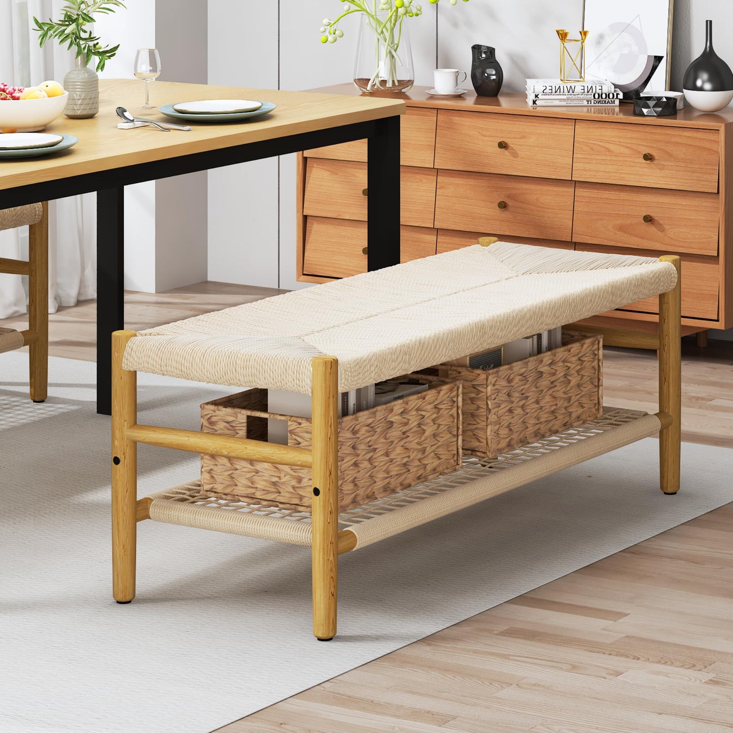 AWQM Entryway Storage Bench with Net Shelf and 2 Baskets