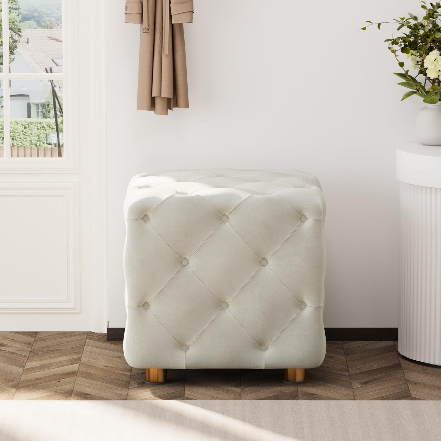 AWQM Small Velvet Ottoman, Modern Versatile Square Footstool with Metal Legs