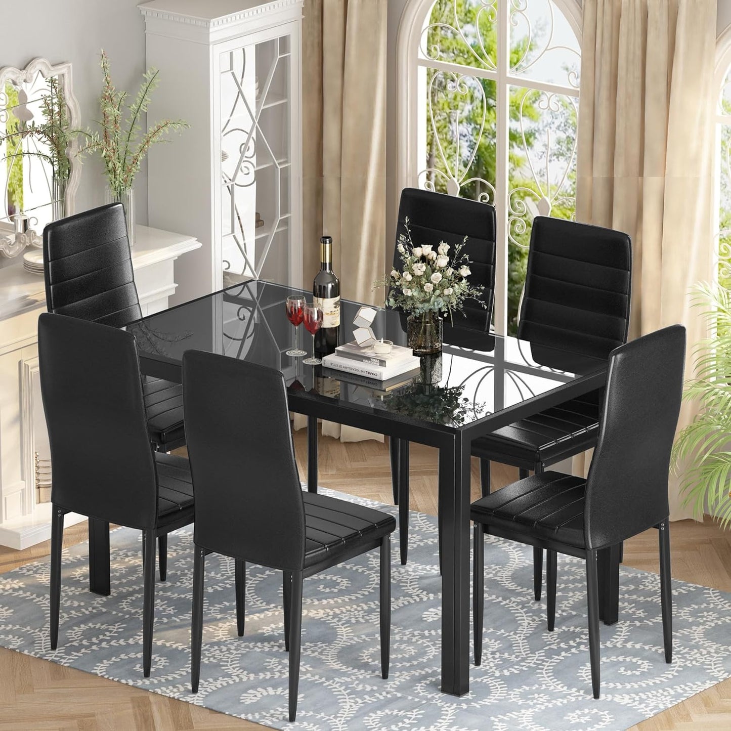 AWQM Glass Dining Table, Set of 7, Dining Table for 6