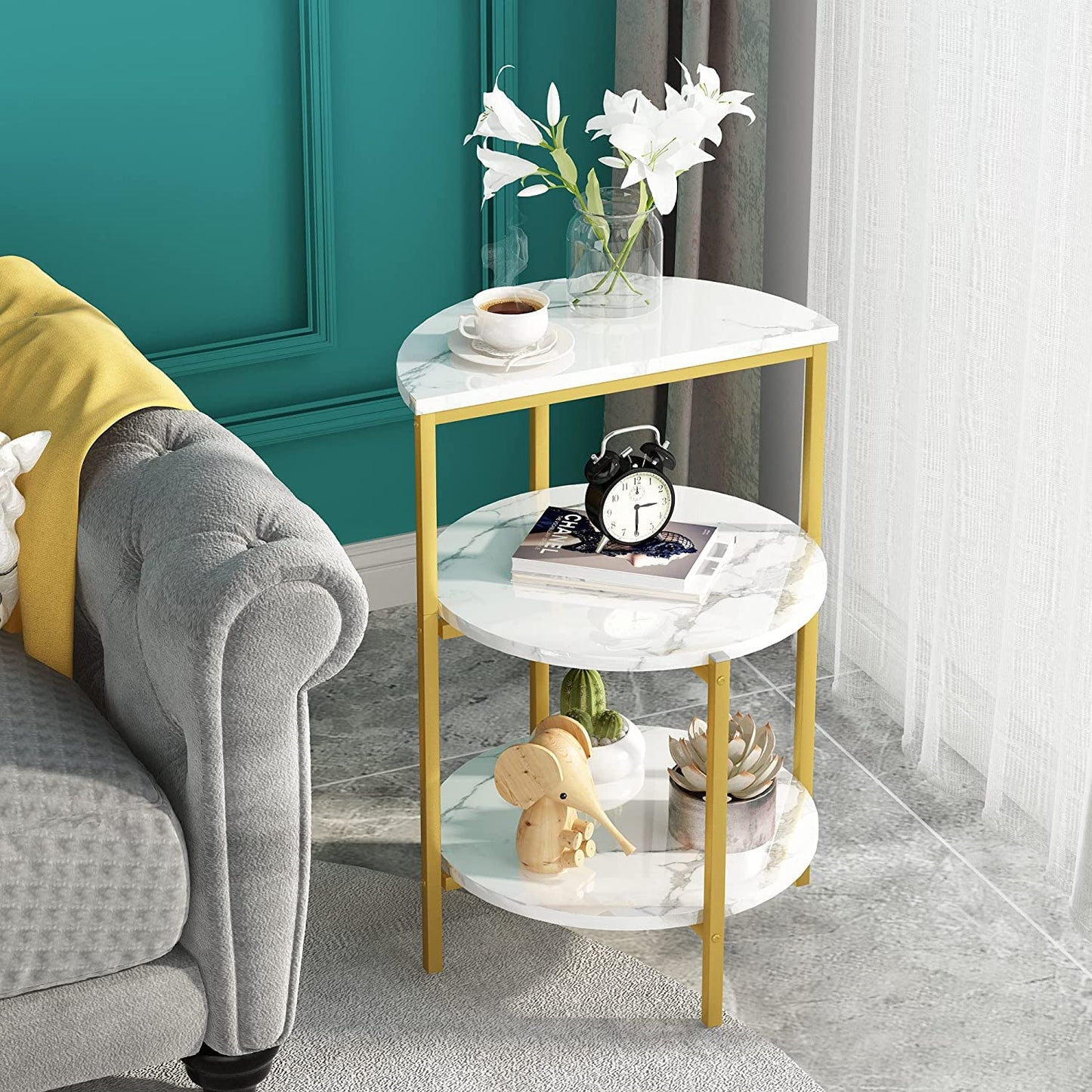 AWQM White and gold side table, 3-tier faux marble side table, small round coffee table with metal frame