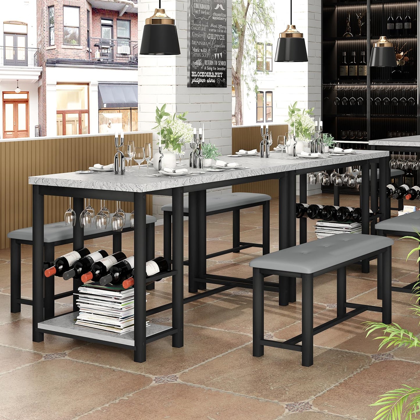 AWQM Marble Dining Table Set for 2-4 with Wine Rack, Storage Shelves