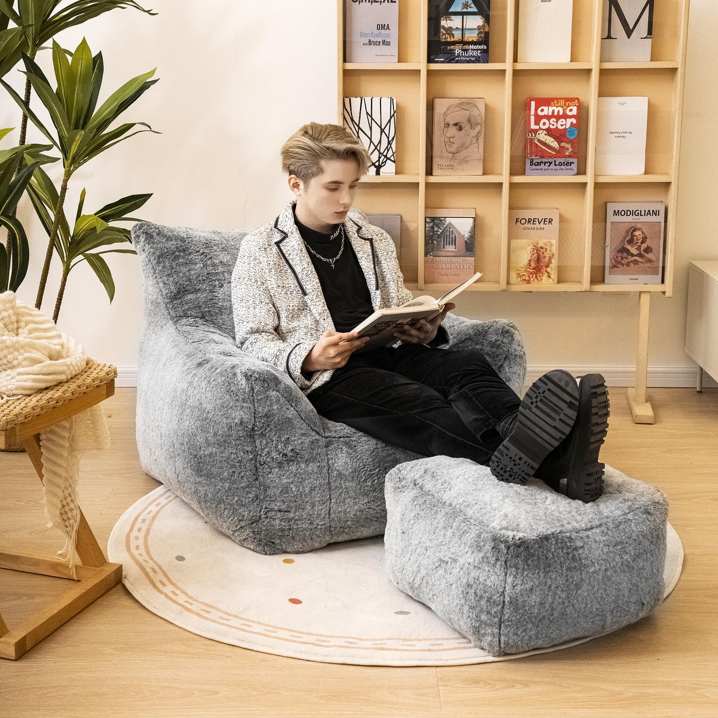 AWQM Bean Bag Chair with Footstool, Bean Bag Chair with Padded Arms