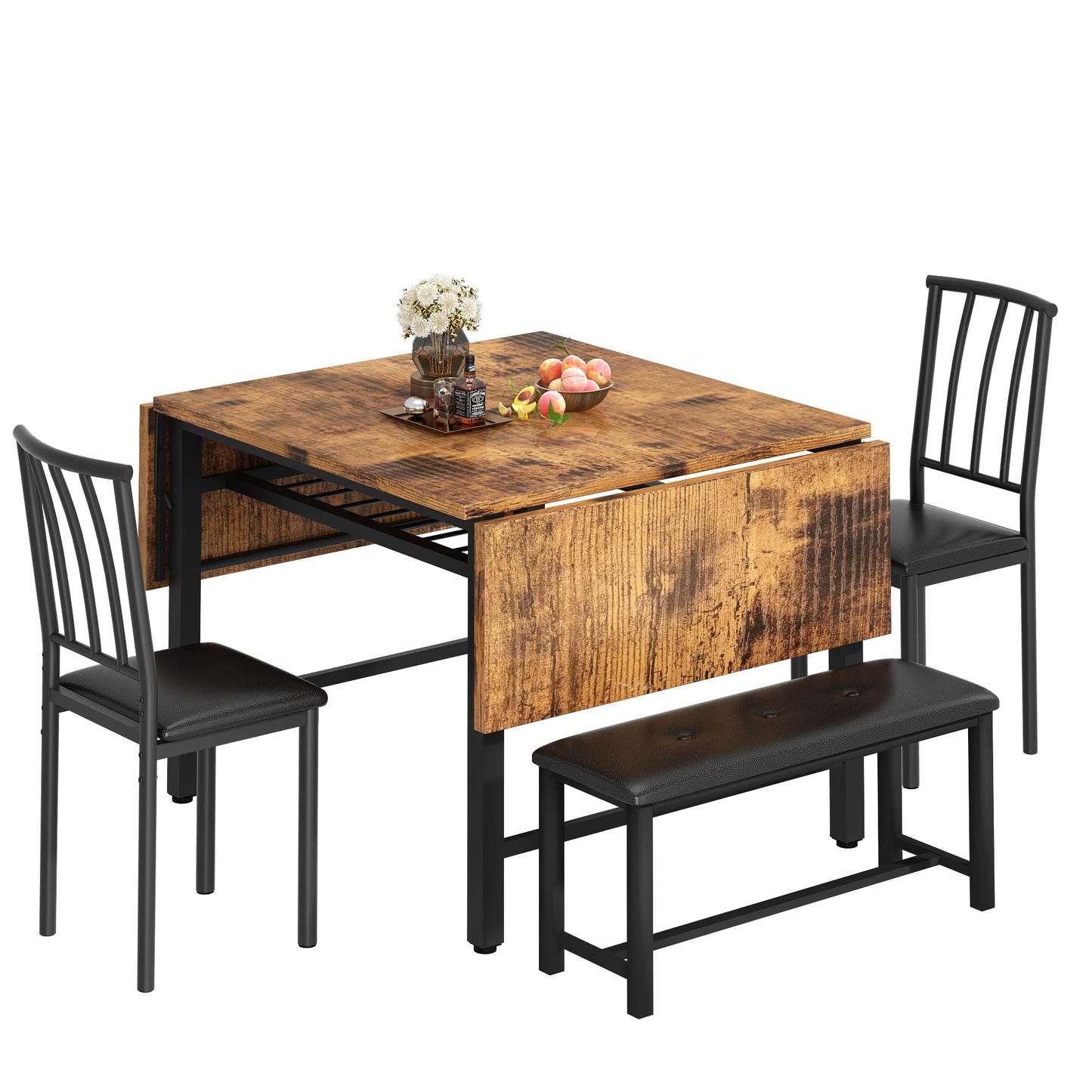 AWQM Industrial Wood 4-Piece Faux Wood Folding Leaf Dining Table Set with Storage Rack