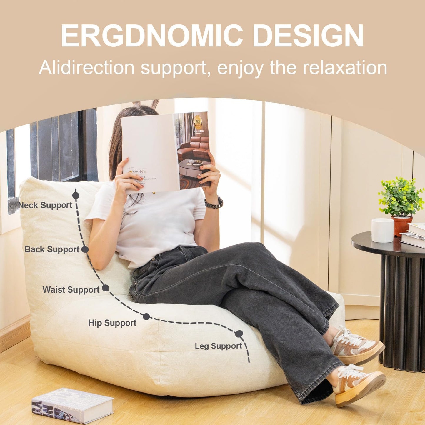 AWQM Adult bean bag chair with ergonomic support reading floor sofa chair.