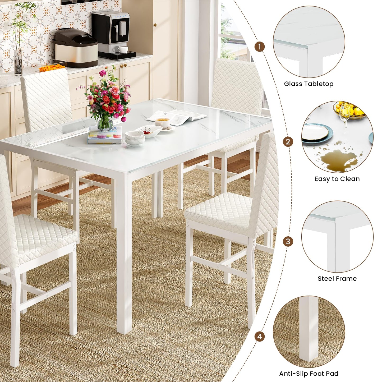 AWQM glass dining table for four, set of 5