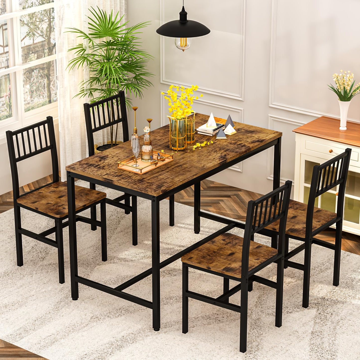 AWQM Industrial Wooden Metal Frame Dining Table and Chairs for 4 Persons
