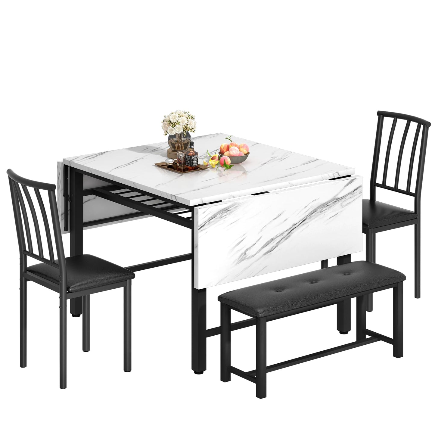 AWQM Industrial Wood 4-Piece Faux Wood Folding Leaf Dining Table Set with Storage Rack