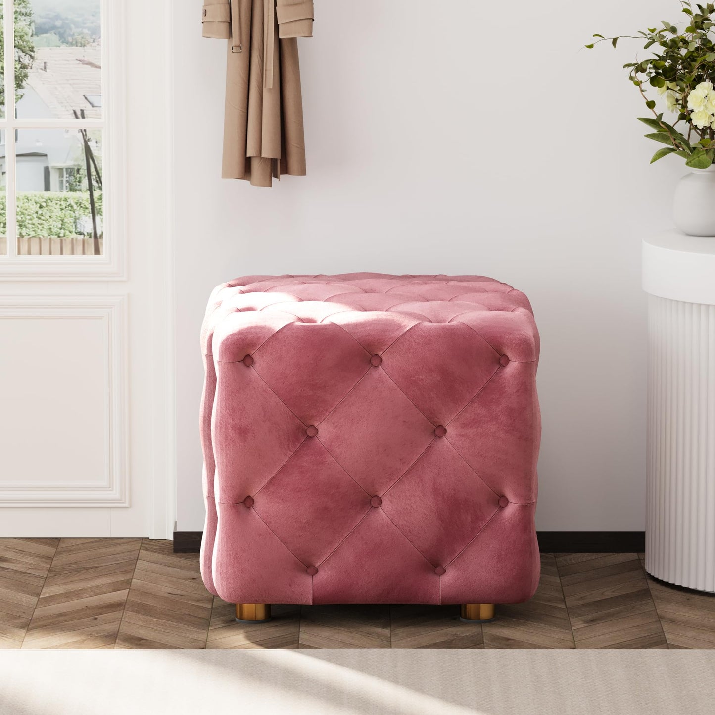 AWQM Small Velvet Ottoman, Modern Versatile Square Footstool with Metal Legs