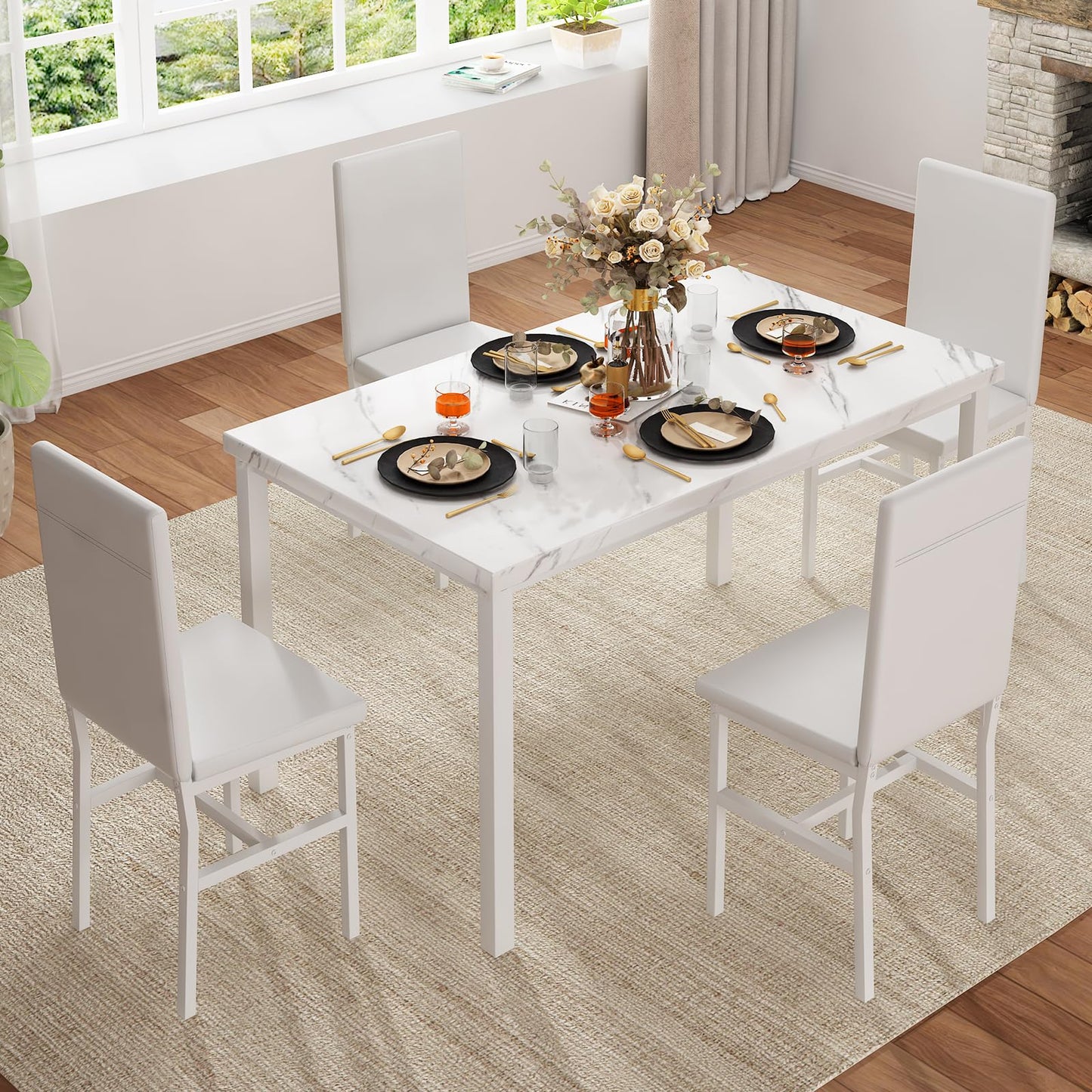 AWQM marble dining table set 4 PU leather chairs 4 person dining table and chairs