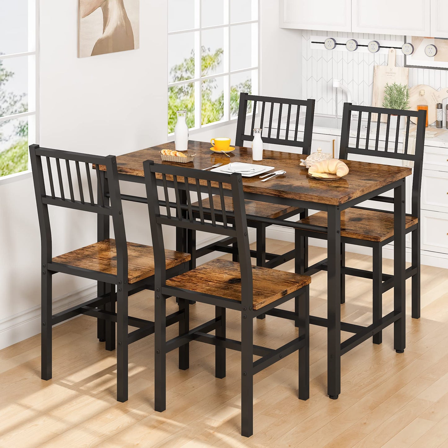 AWQM Industrial Wooden Dining Table Set for 4