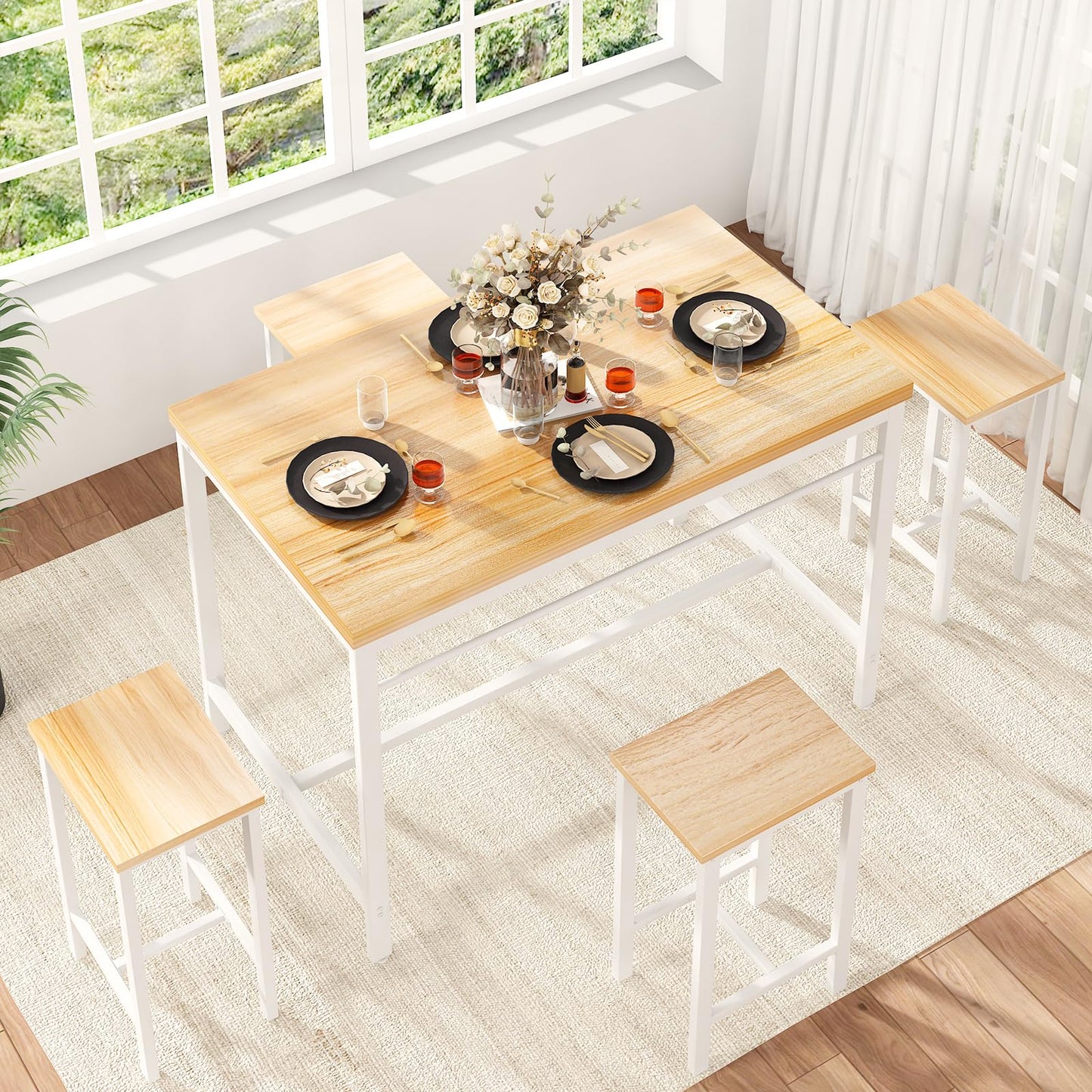 AWQM Industrial High Bar Table and Chair Set 5 Piece Dining Table for 4 Persons