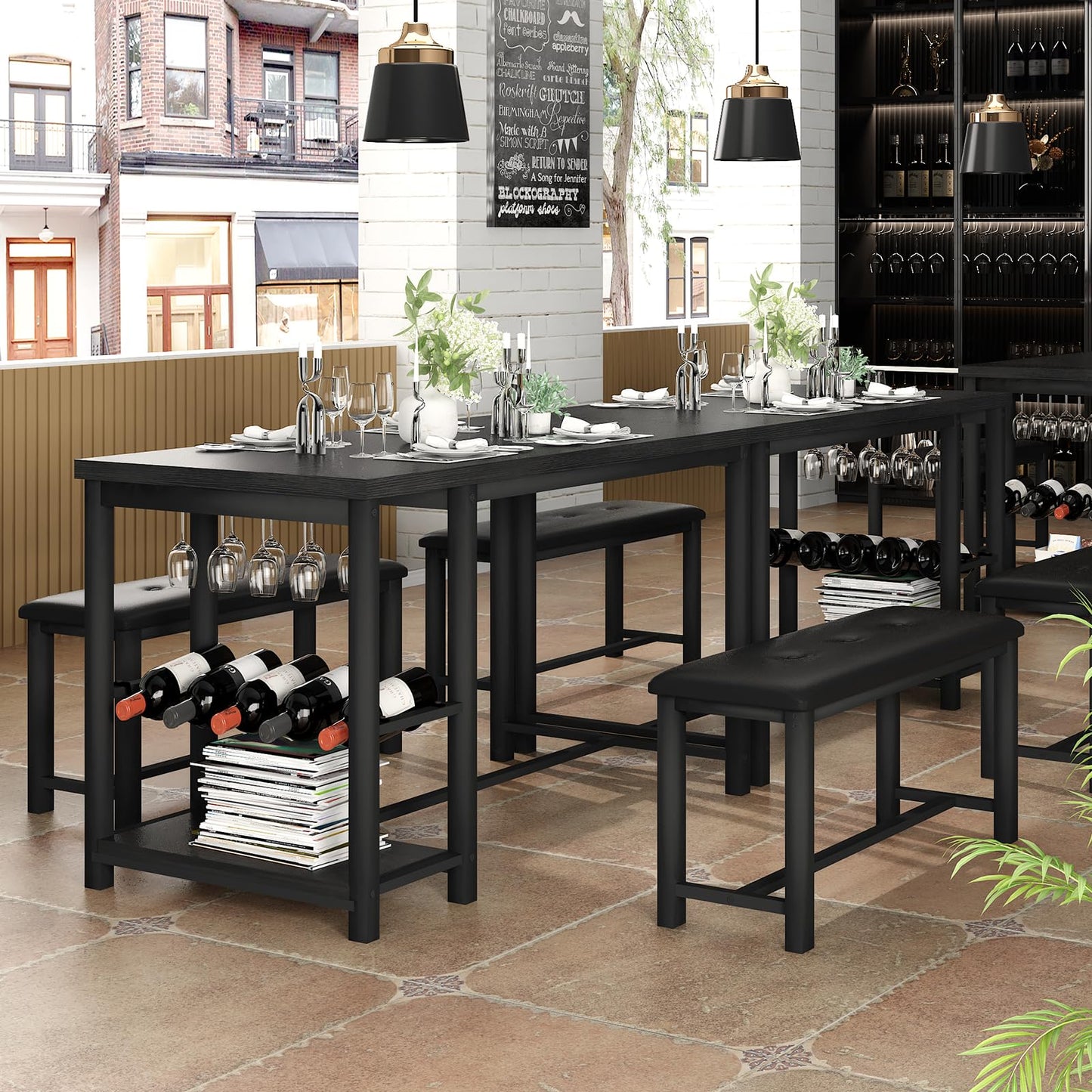AWQM Marble Dining Table Set for 2-4 with Wine Rack, Storage Shelves