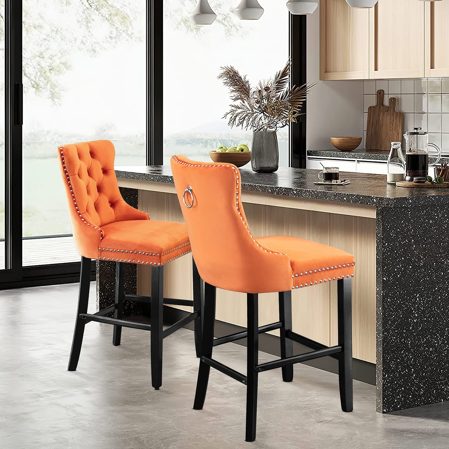 AWQM Velvet Tufted Wine Cooler High Bar Stool Set of 2