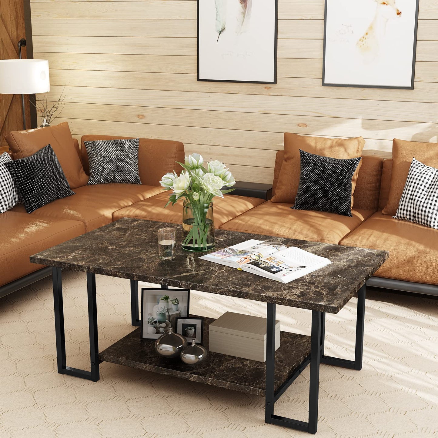 AWQM Marble Coffee Table, Faux Marble Top Rectangular Coffee Table