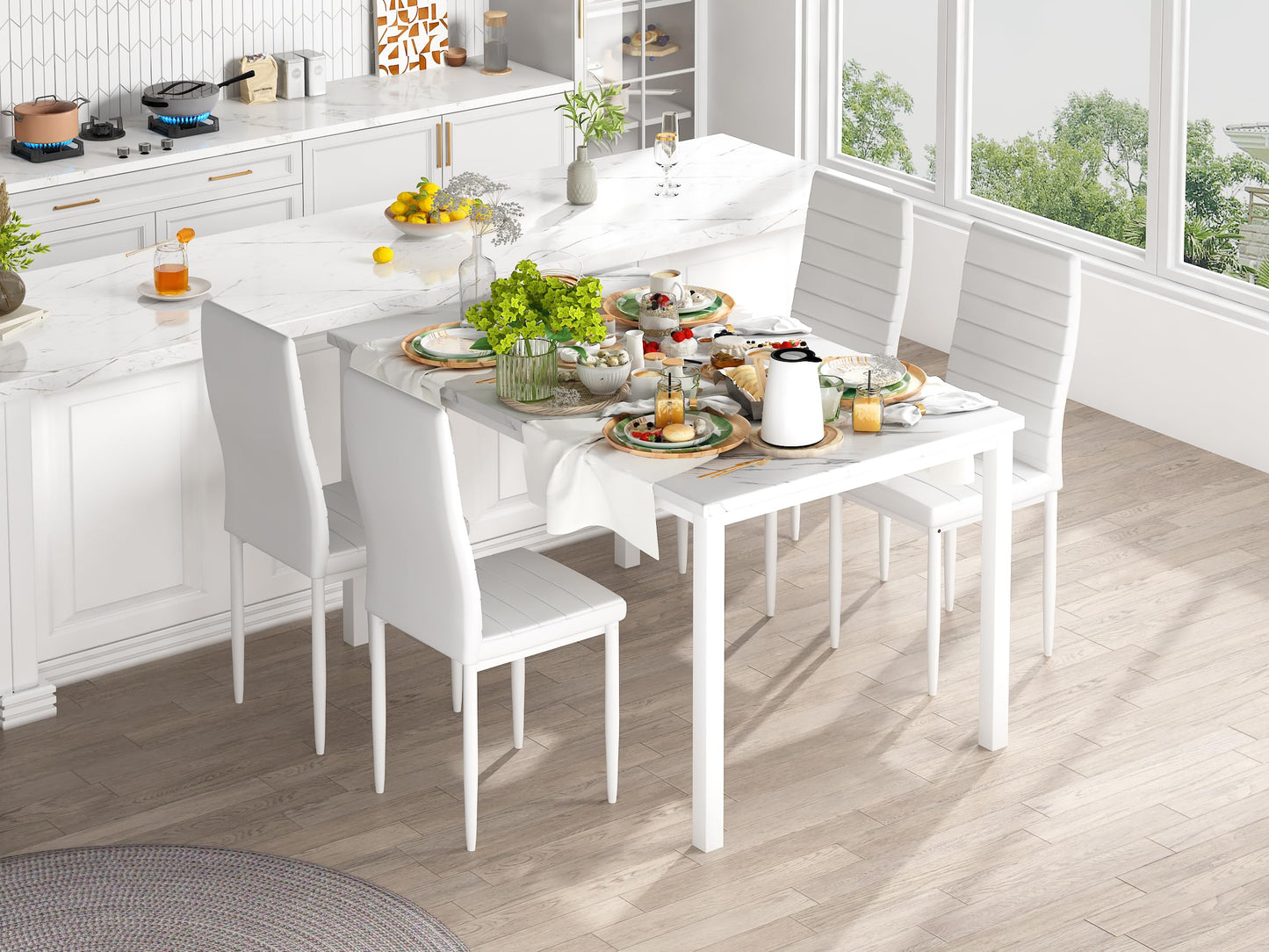 AWQM 5 Piece Set, Faux Marble 4 Person Dining Table and Chairs