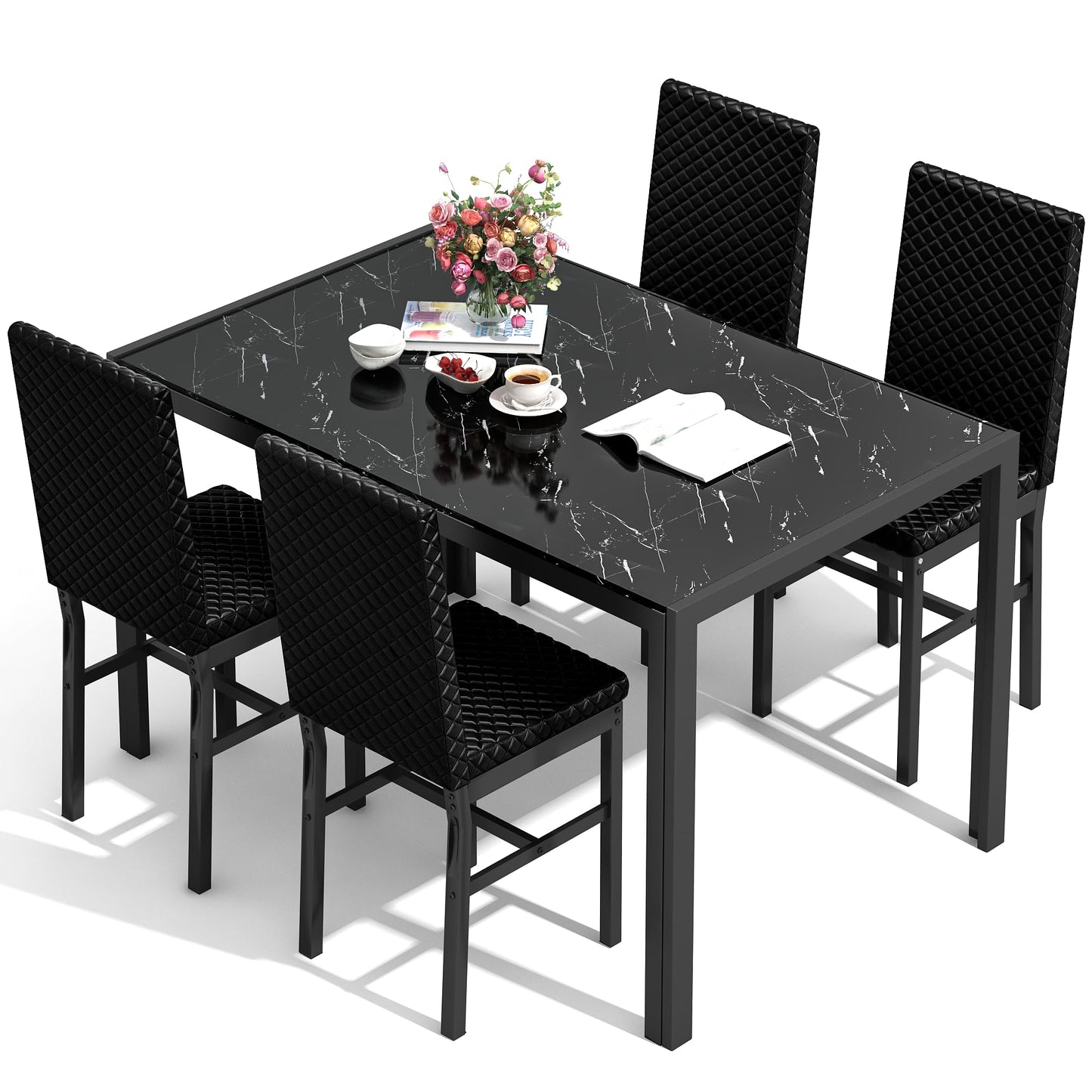 AWQM Glass Dining Table and Velvet Dining Chairs 4-Person Dining Table Set