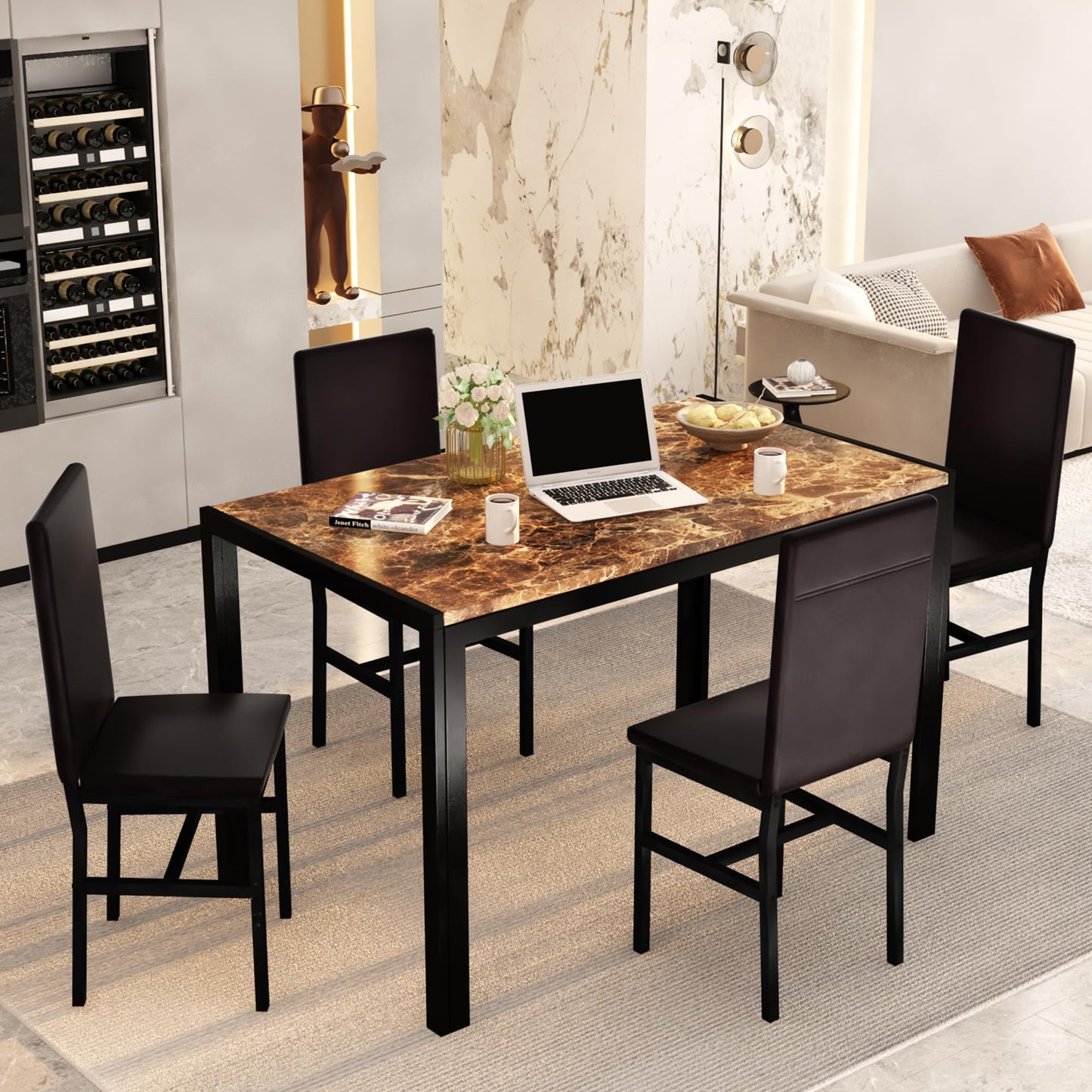 AWQM Modern Kitchen Marble Dining Table and Chairs Set, 4 Person Dining Table Set