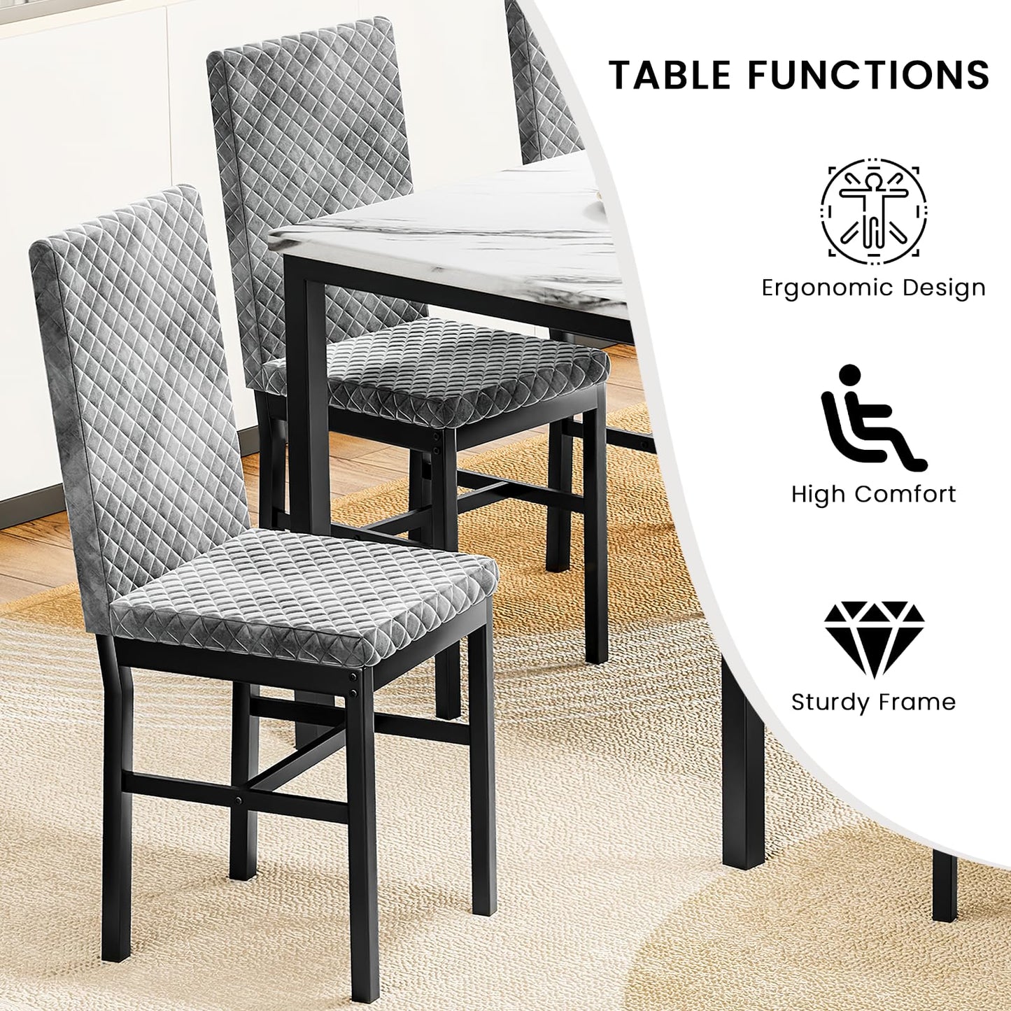 AWQM Modern Marble Kitchen Dining Table and Chairs 6 Person Dining Velvet Stools