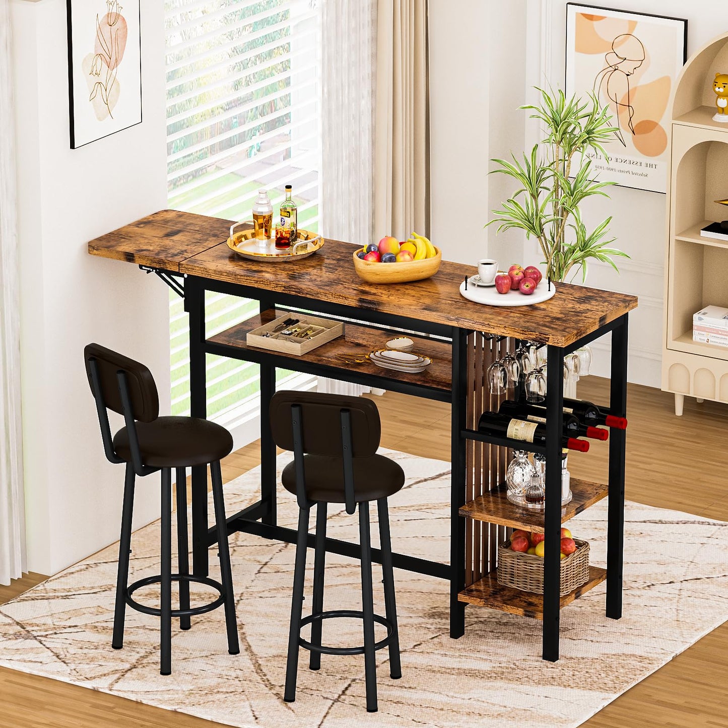 AWQM industrial wood bar table and chairs set, dining table for 2