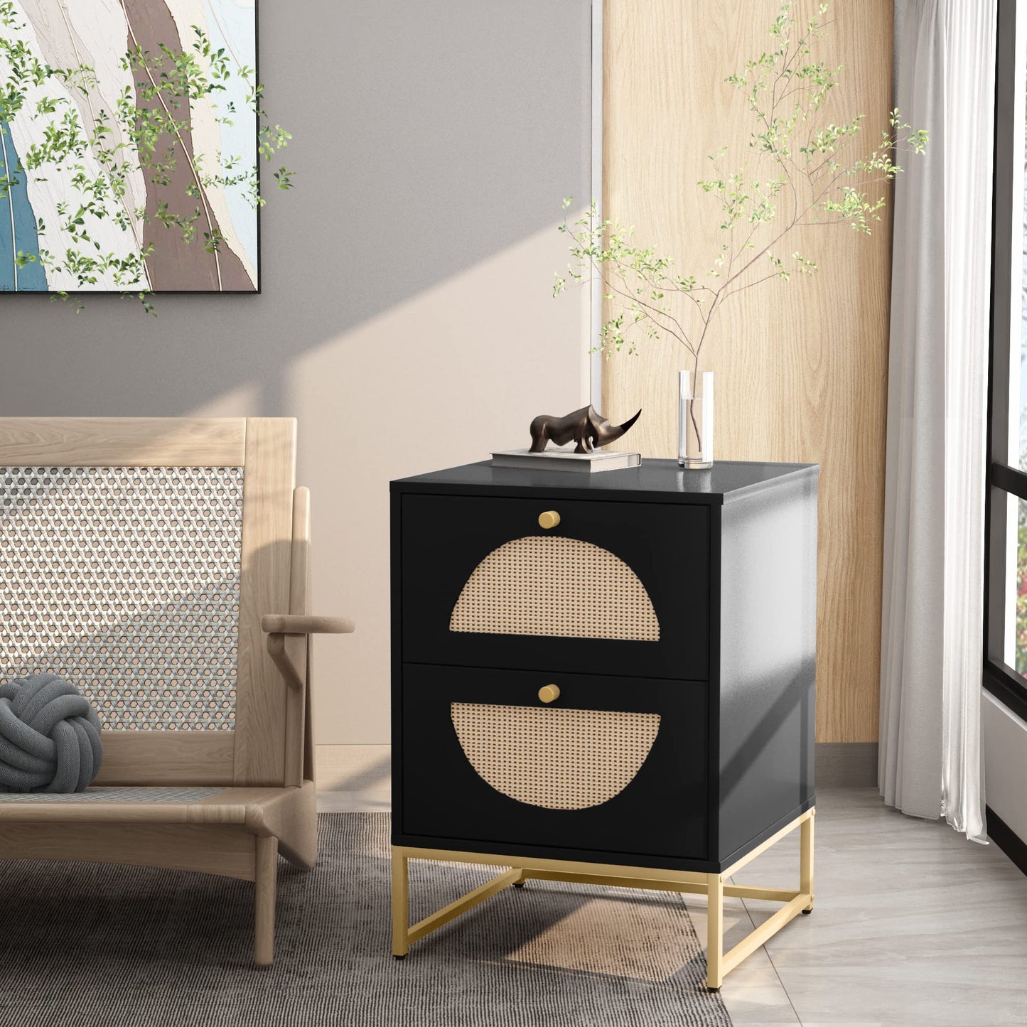 AWQM wooden rattan bedside table set of 2