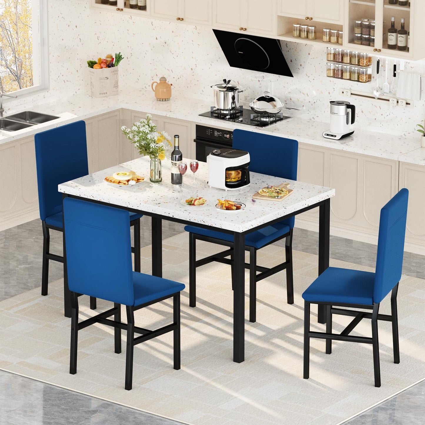 AWQM Modern Style Faux Marble Velvet Chairs Dining Table for 4