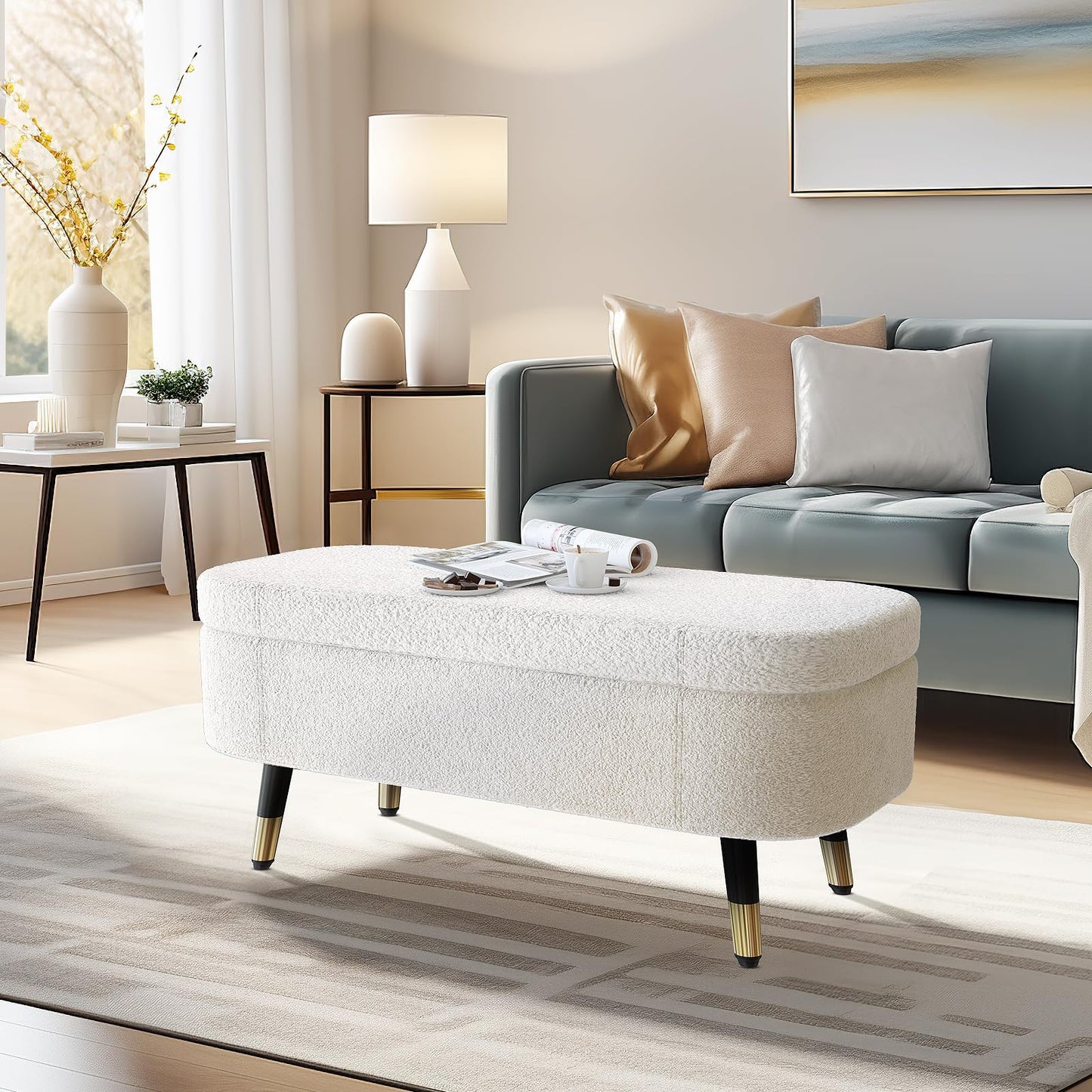 AWQM Upholstered Storage Ottoman Metal Feet Faux Leather Entryway