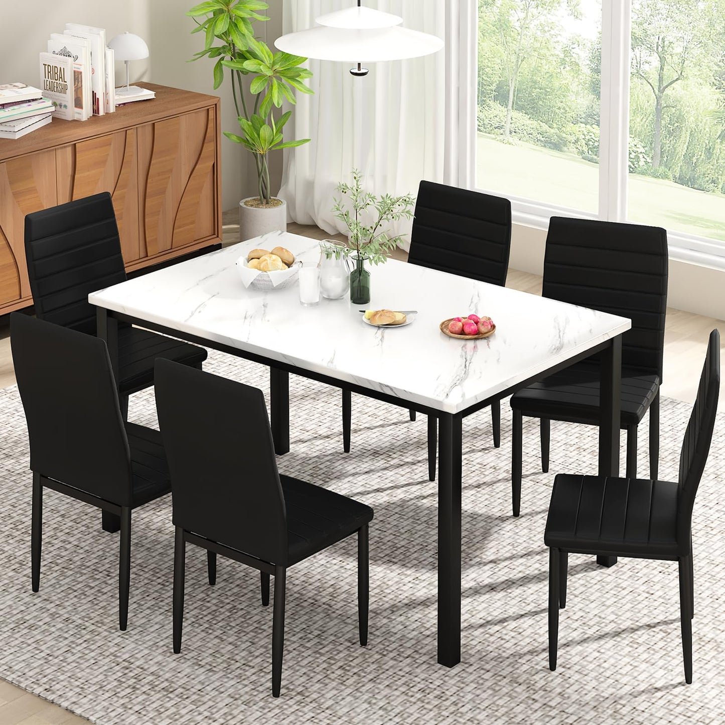 AWQM  Artificial Marble Dining Table Set 6-Person Dining Table Set
