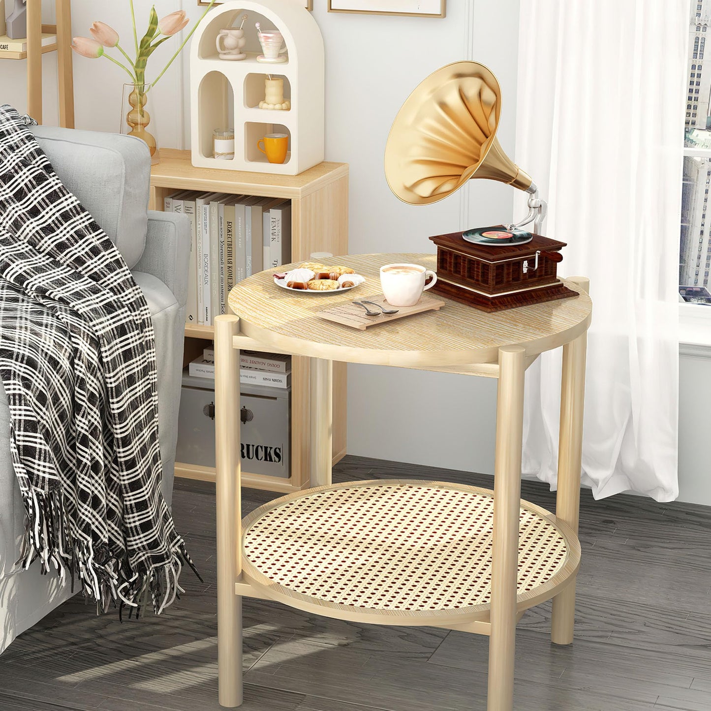 AWQM 2-tier round coffee table, rattan bedside table small bedside table