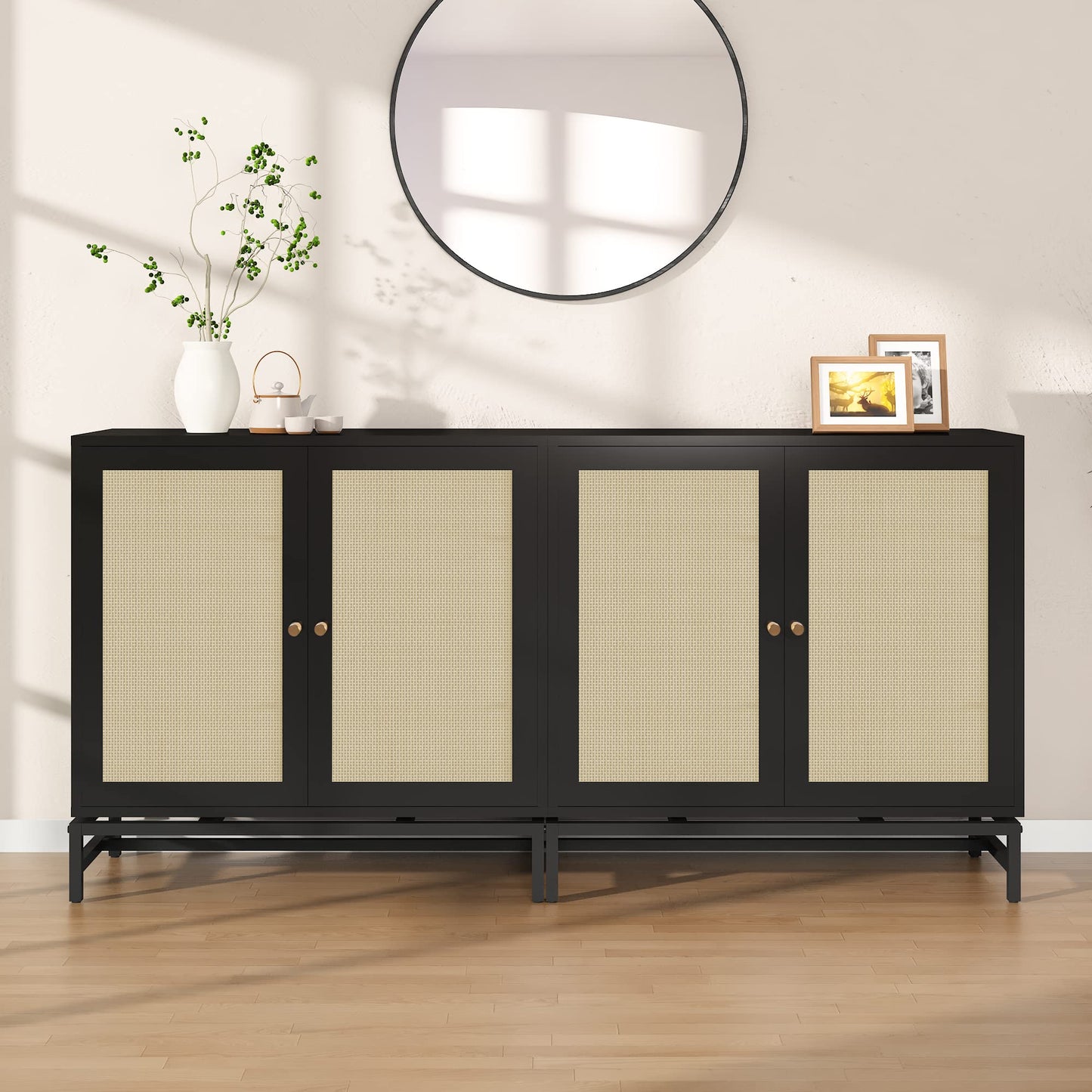 AWQM Industrial Wooden Door Rattan Storage Cabinet Metal Legs