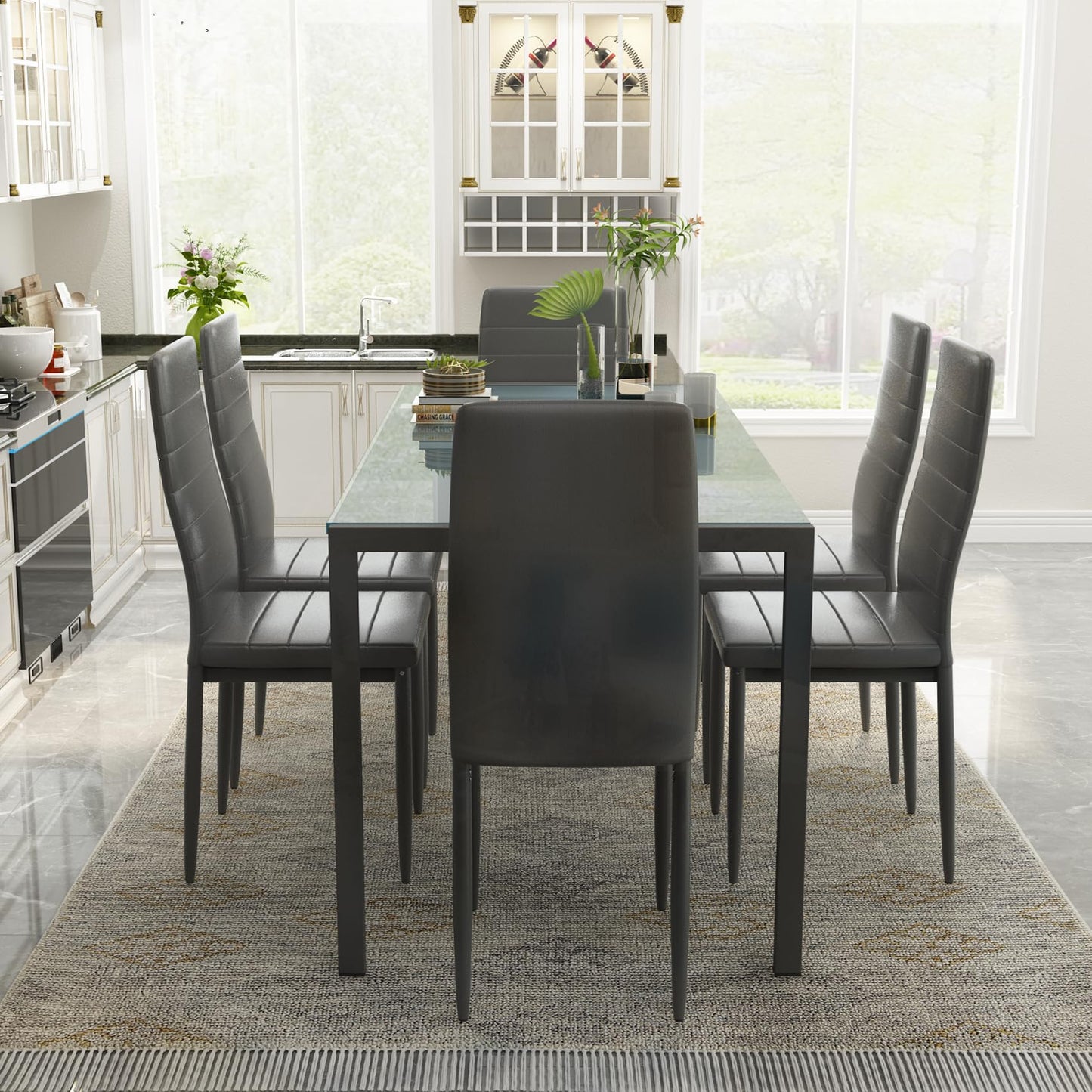 AWQM Glass Dining Table, Set of 7, Dining Table for 6
