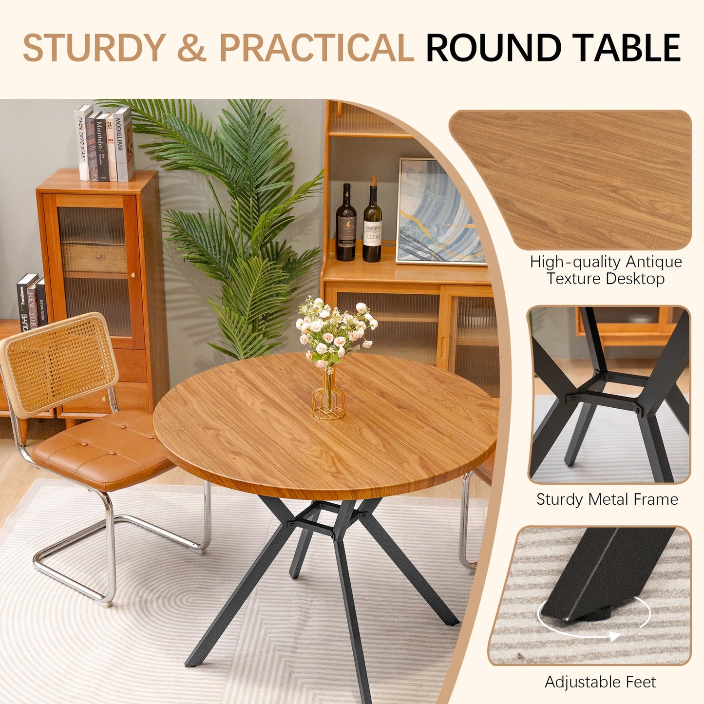 AWQM Mid-Century Modern Round Kitchen Dining Table for 4