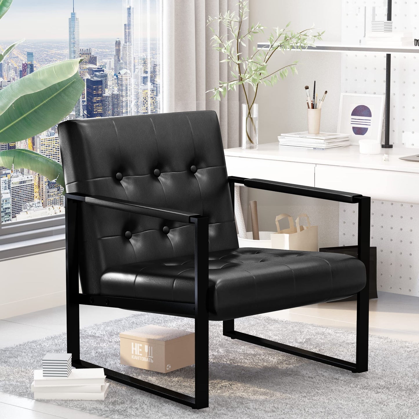 AWQM Mid-Century Armrest Tufted Faux Leather Upholstered Chair