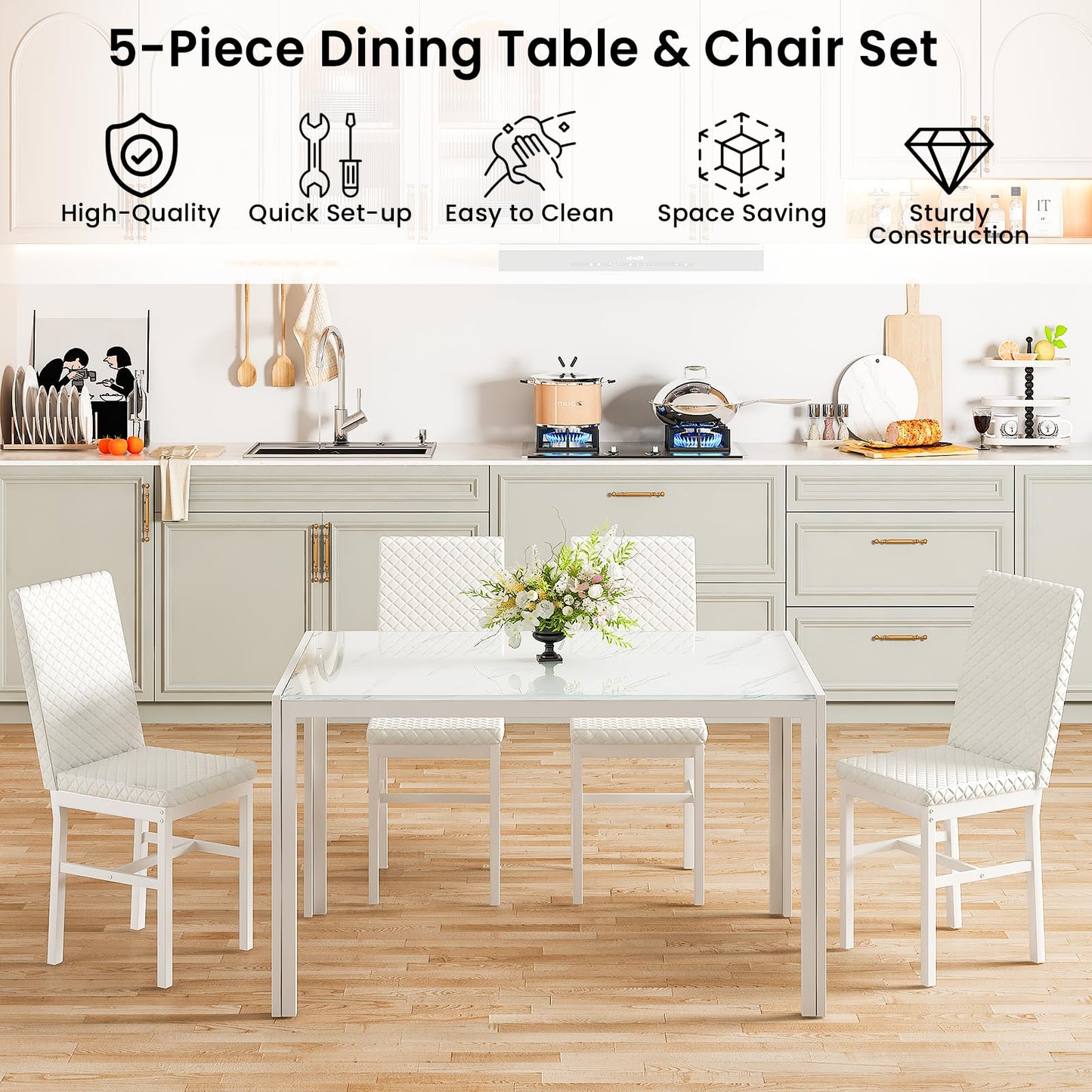 AWQM Glass Dining Table and Velvet Dining Chairs 4-Person Dining Table Set