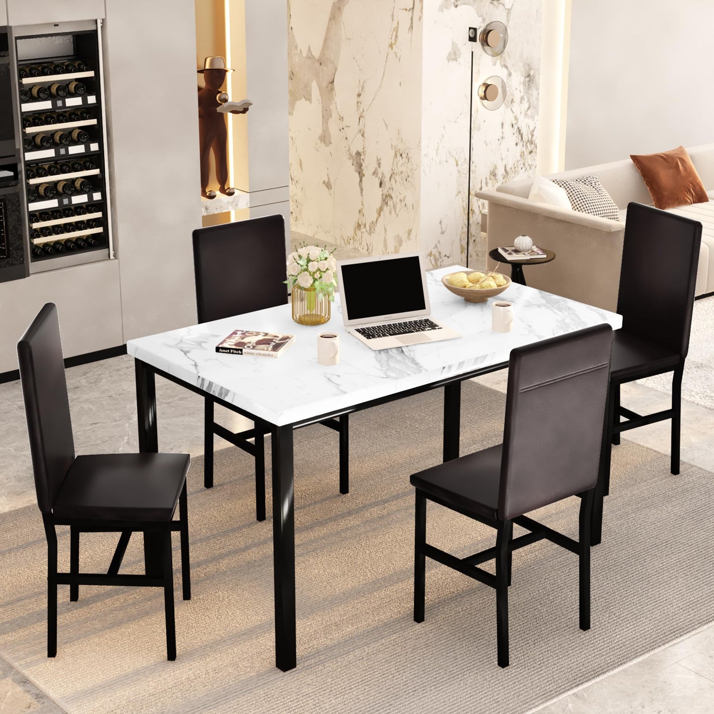 AWQM Modern Faux Marble 4 Person Dining Table Set, Space Saving 5 Piece Dining Table Set.